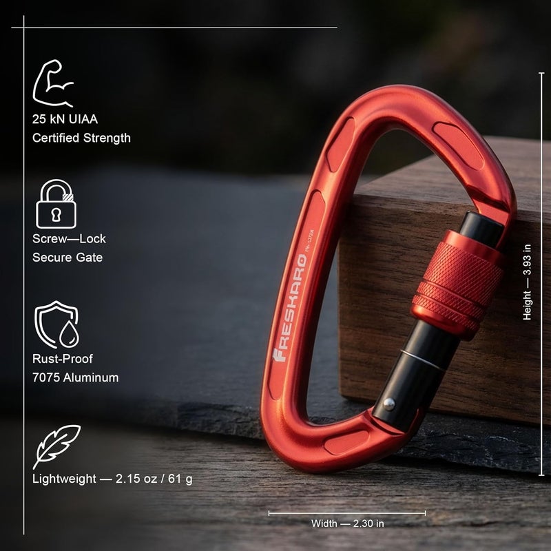 FresKaro 4inches 25kN-5621lbs Climbing Carabiners, UIAA CE Certified, Screw Lock, 7075 Aluminium, Lightweight, Rust Proof, for Mountaineering, Rappelling etc., Multi-Colors - Image 2